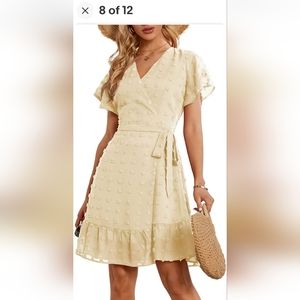 Pretty MS BASIC Womens Summer Wrap Dress~V Neck~Flutter Sleeve~Swiss Dot~Ruffles